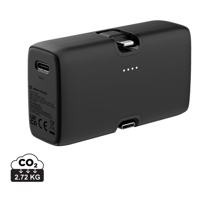 Firmengeschenk Powerbank Urban Vitamin Los Angeles – schwarz – mit Logo bedruckt 20W 5000mAh USB-C nachhaltig für das Homeoffice