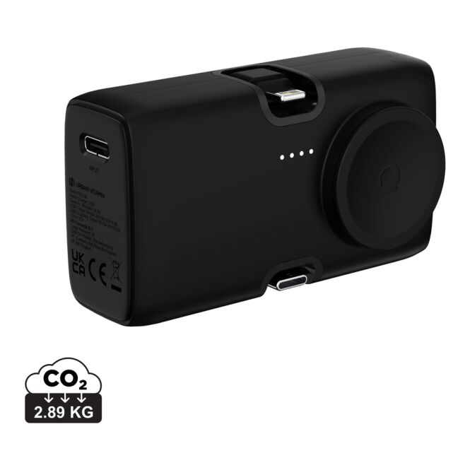 Kundengeschenk Powerbank Urban Vitamin San Diego – schwarz – mit Logo bedruckt 5000mAh 20W USB-C Qi nachhaltig für Homeoffice
