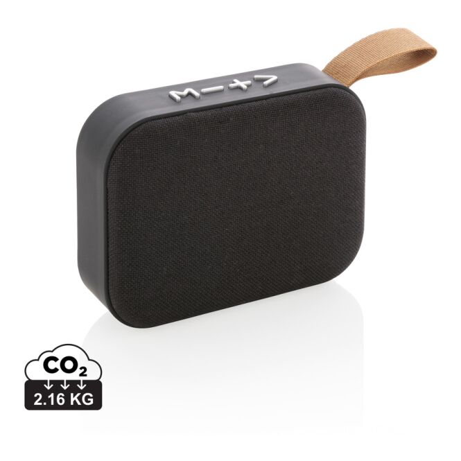 Firmengeschenk Bluetooth Lautsprecher mit Stoffbezug – schwarz – mit Logo bedruckt 3W Leistung 300mAh Akku für den Büroalltag