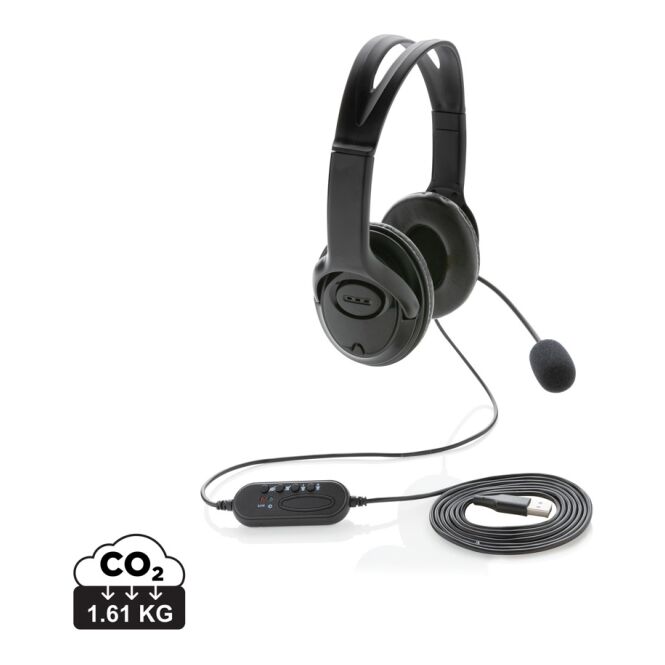 Kundengeschenk Over-Ear Headset USB-Stereo – schwarz – mit Logo bedruckt inkl. 2m USB-Kabel für Homeoffice und Videokonferenzen