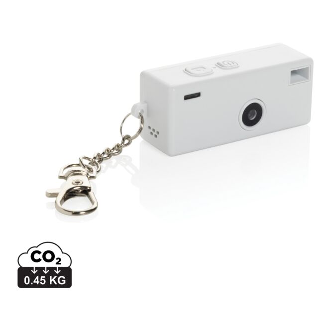 Premium-Werbeartikel Cliq It Kamera-Schlüsselanhänger – weiss – mit Logo bedruckt aus nachhaltigem recyceltem ABS als Messe-Giveaway