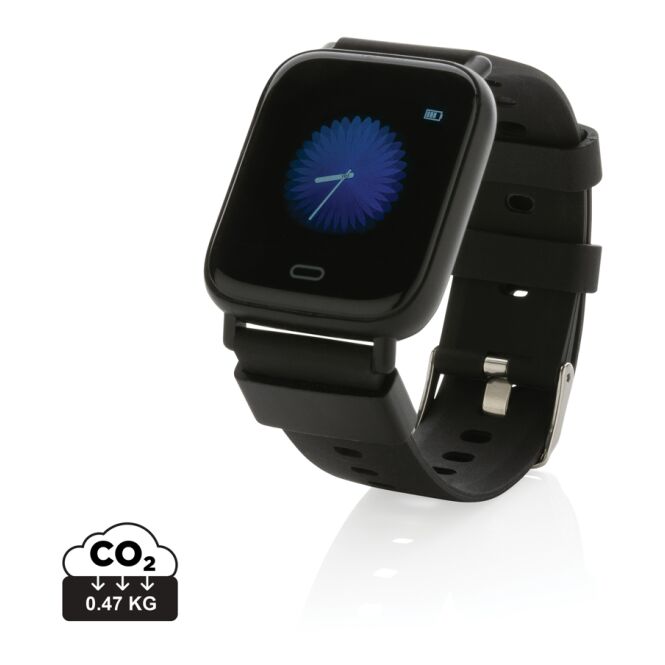 Mitarbeitergeschenk Fitnessarmband Fit Watch – schwarz – mit Logo bedruckt 1,3 Zoll Display smarter Aktivitätstracker