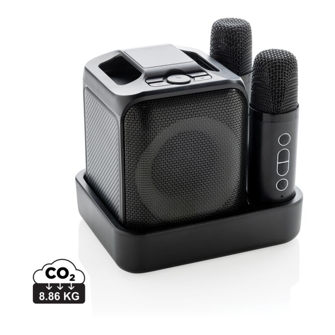 Firmengeschenk Karaoke-Set Singvibe – schwarz – mit Logo bedruckt, 5W, 2000mAh, 53% RCS rec. ABS, nachhaltiges Audio-Gadget