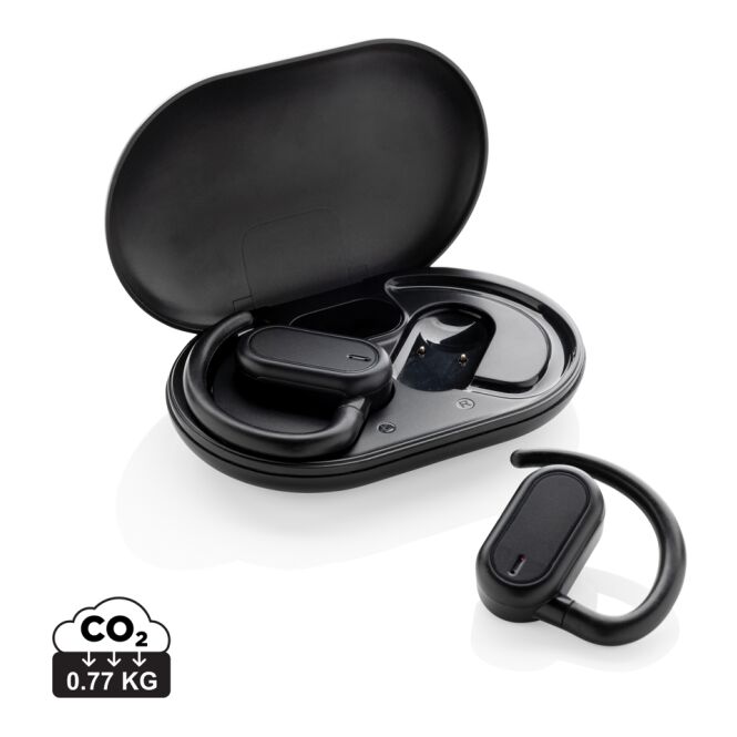 Premium-Werbeartikel Fitsound TWS-Ohrhörer – schwarz – mit Logo bedruckt, Bluetooth 5.3, nachhaltig für das Mitarbeiter-Onboarding