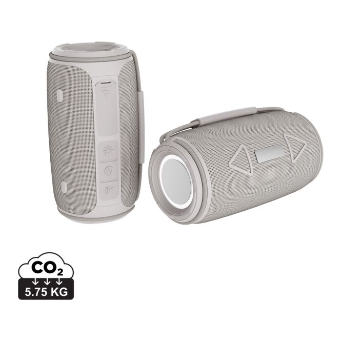 Firmengeschenk Bluetooth Lautsprecher Prisma – grau – mit Logo bedruckt 16W IPX4 1500mAh nachhaltig für das Mitarbeiter-Onboarding