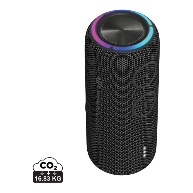 Firmengeschenk Bluetooth Lautsprecher Urban Vitamin Pacific Grove – schwarz – mit Logo bedruckt 30W IPX7 nachhaltig für das Homeoffice
