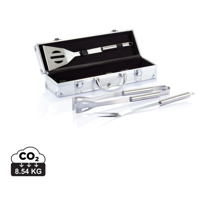 Firmengeschenk 3-tlg. Grillset Classic aus Edelstahl – silber-schwarz – mit Gravur im Aluminiumkoffer für Firmen-Events