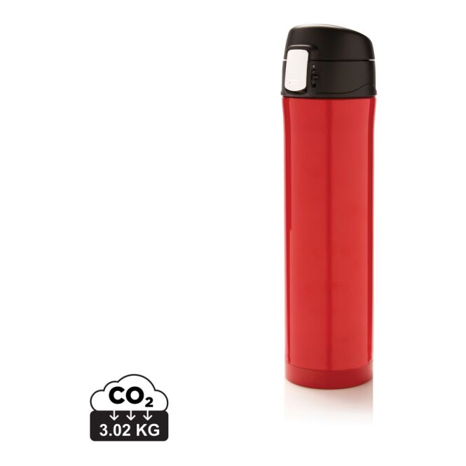 Werbeartikel Easy Lock Vakuum Flasche – rot-schwarz – mit Logodruck 450 ml doppelwandig auslaufsicher für das Mitarbeiter-Onboarding