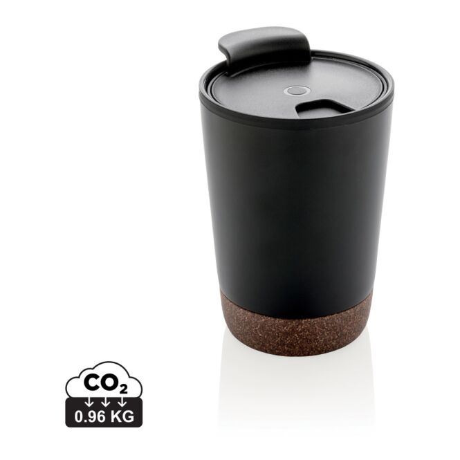 Firmengeschenk Thermobecher Kork Kaffeebecher – schwarz – mit Logodruck 300 ml für die Büroküche und nachhaltiges Onboarding