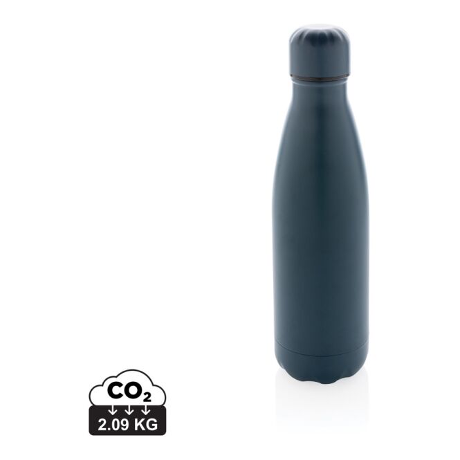 Werbeartikel Edelstahlflasche Vakuum – blau – mit Logodruck 500ml vakuumisoliert auslaufsicher für das Mitarbeiter-Onboarding