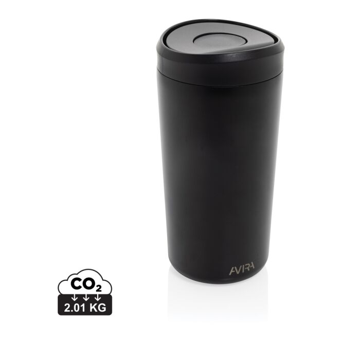 Kundengeschenk Thermobecher Avira Alix – schwarz – mit Logodruck 400 ml nachhaltiger Kaffee to go Becher für das Mitarbeiter-Onboarding