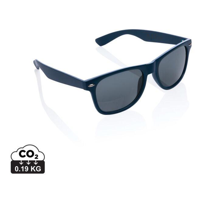 Mitarbeitergeschenk Sonnenbrille GRS-recycelt – marineblau – mit Logodruck 100% GRS-PC UV400 CAT3 nachhaltiges Sommer-Accessoire
