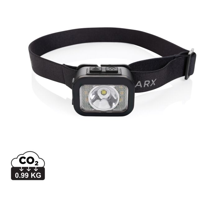 Mitarbeitergeschenk Kopflampe Gear X – schwarz-grau – mit Werbedruck 250 Lumen COB-LED 800mAh-Akku IPX4 wasserdicht