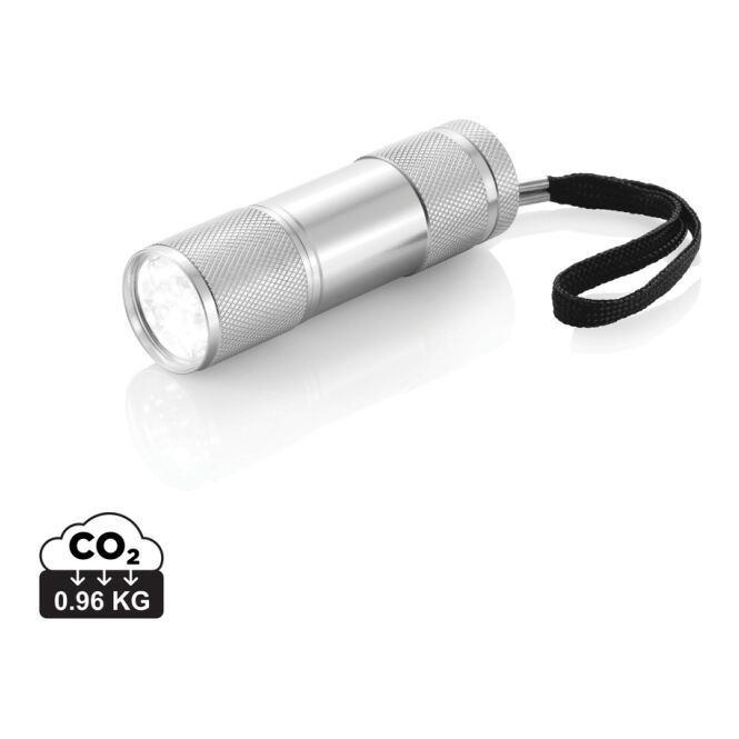 Werbeartikel Taschenlampe Quattro – silber – mit Logo bedruckt inkl. 9 weißen LEDs und Batterien als heller Handleuchte