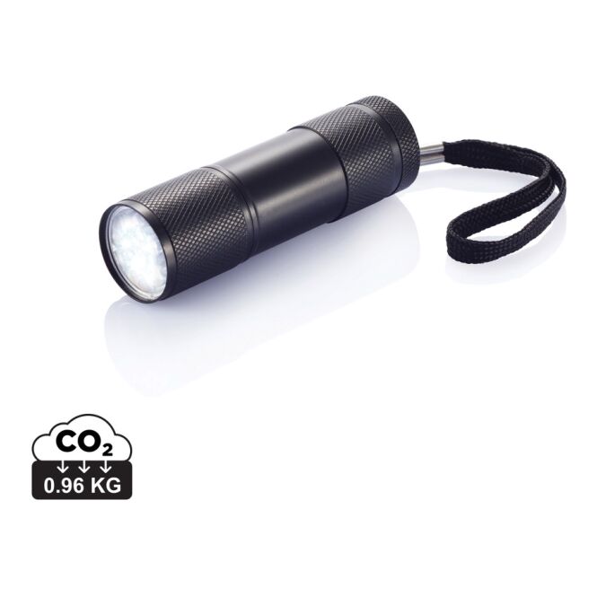 Werbeartikel Taschenlampe Quattro – schwarz – mit Lasergravur 9 weiße LED inklusive Batterien kompakter Lichtspender