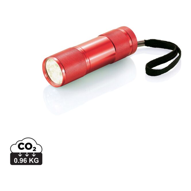 Werbeartikel Taschenlampe Quattro – rot – mit Lasergravur 9 weiße LEDs inkl. Batterien kompakter Lichtspender für Messen