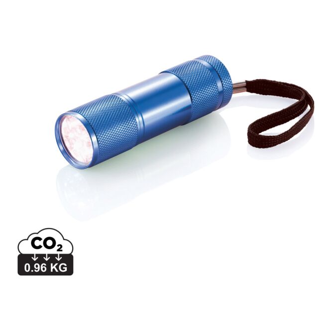 Werbeartikel Taschenlampe Quattro – blau – mit Lasergravur 9 weiße LEDs inkl. Batterien kompakter Lichtspender für Messen