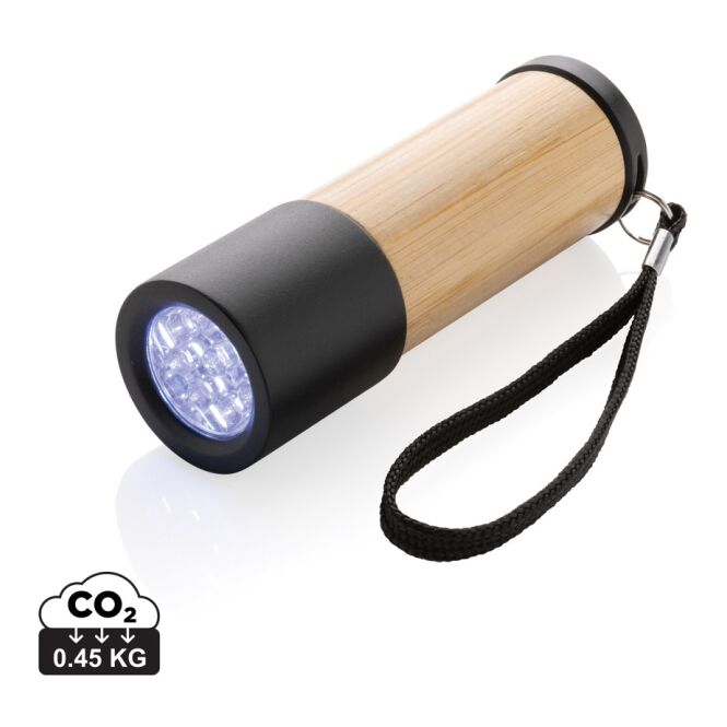 Werbeartikel Taschenlampe Bambus- und RCS-Recyclingplastiktaschenlampe – braun – mit Werbedruck 30 Lumen, 20m Leuchtweite inkl. Batterien