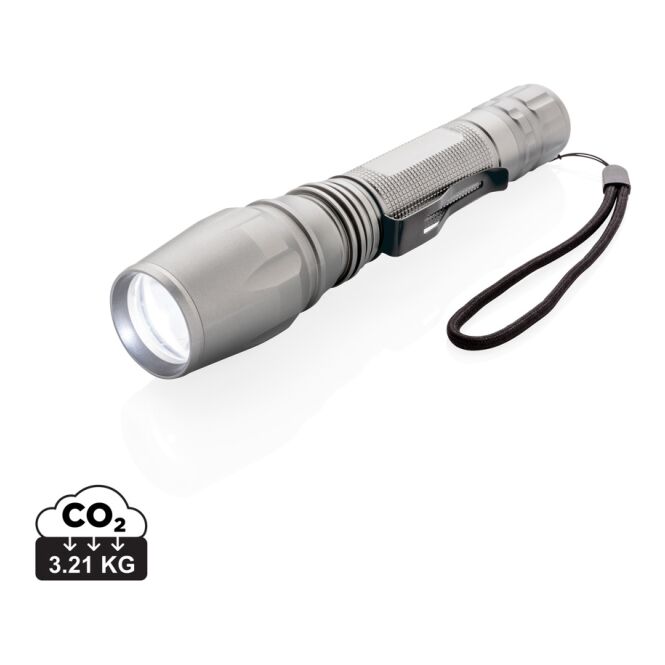 Werbeartikel Taschenlampe 10W Cree – grau-schwarz – mit Lasergravur 250 Lumen IPX4 wasserbeständig helles Licht für den Außeneinsatz