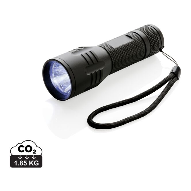 Werbeartikel Taschenlampe Cree 3W – schwarz – mit Werbedruck 100 Lumen 15h Laufzeit inklusive Batterien kompakter Lichtspender