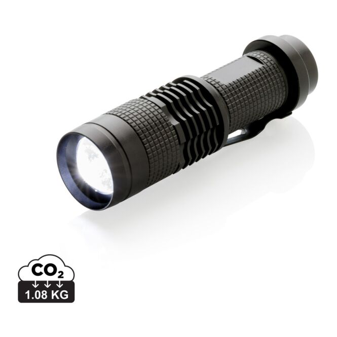 Werbeartikel Taschenlampe Cree – schwarz – mit Lasergravur 85 Lumen CREE LED inkl. Batterien kompakter Lichtspender