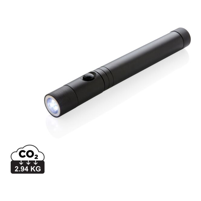 Werbeartikel Taschenlampe Teleskoplicht – schwarz – mit Logo bedruckt, 17-58cm ausziehbar, inkl. Batterien, kompakter Lichtspender