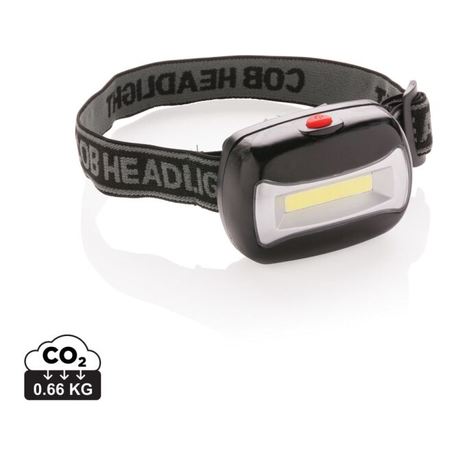 Firmengeschenk Kopflampe COB – schwarz – mit Werbedruck, ultra-helle COB-LED, verstellbares Kopfband, inkl. Batterien