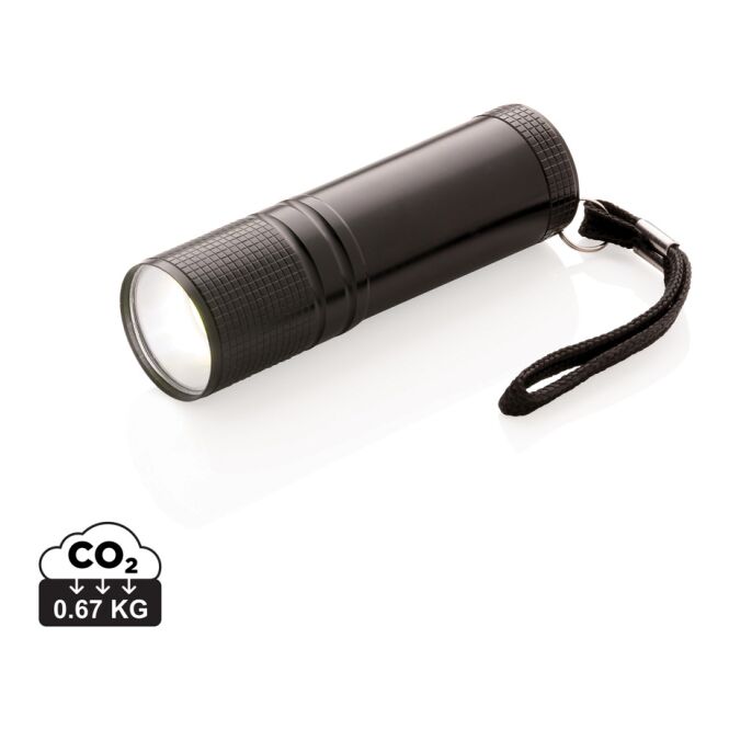 Werbeartikel Taschenlampe COB – schwarz – mit Lasergravur, 3xAAA-Batterien, energieeffiziente COB-Technik, kompakter Lichtspender