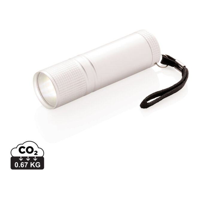 Werbeartikel COB Taschenlampe silber – mit Lasergravur superhelle COB-LED inkl. 3xAAA-Batterien kompakter Lichtspender
