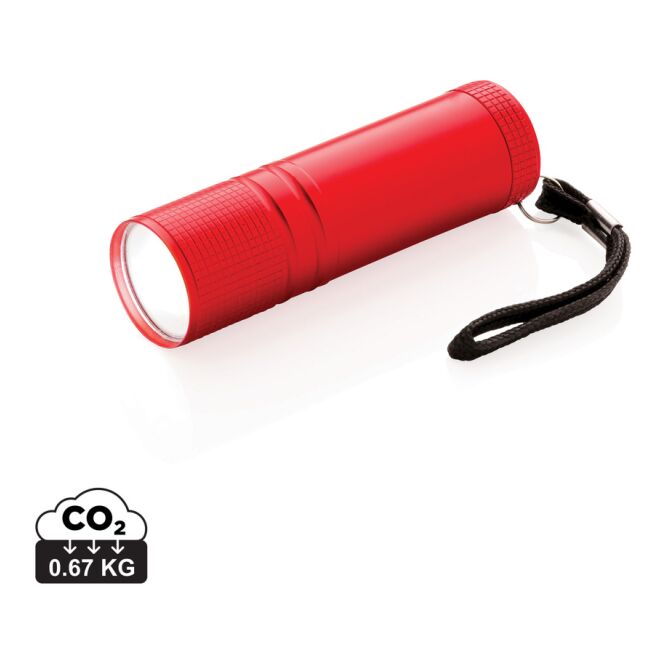 Werbeartikel Taschenlampe rot – mit Lasergravur superhelle COB-Leuchte Aluminiumgehäuse inkl. 3xAAA-Batterien helle Handleuchte