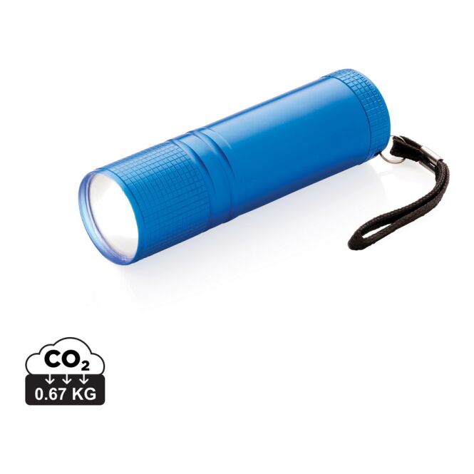 Werbeartikel COB Taschenlampe – blau – mit Lasergravur superhelle COB-Technik mit 3xAAA-Batterien kompakter Lichtspender