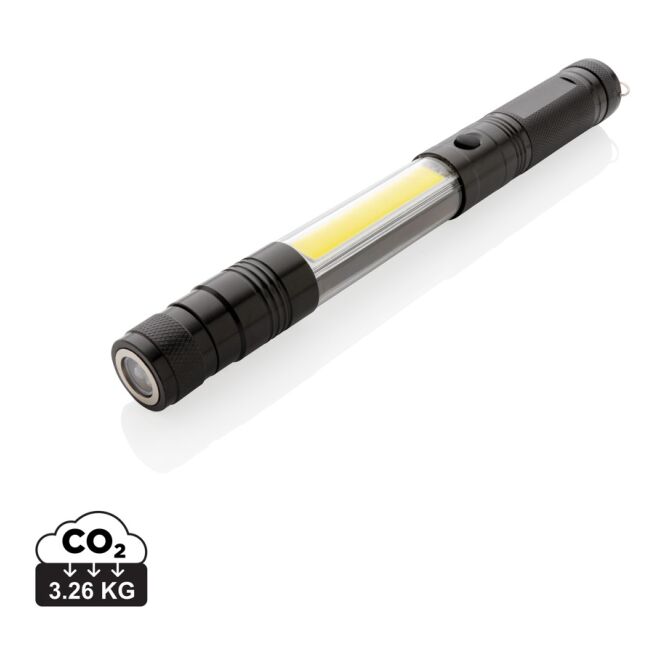 Werbeartikel Taschenlampe schwarz mit Werbedruck 3 LED 10lm COB 80lm ausziehbar 26-64cm helle Handleuchte für Montagearbeiten