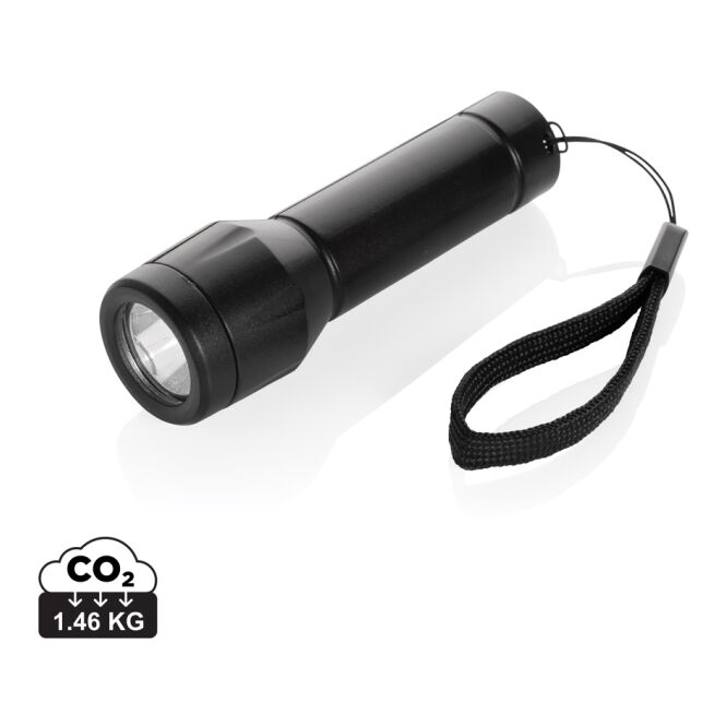 Werbeartikel Taschenlampe Flara – schwarz – mit Logo bedruckt 80 Lumen XPE-LED 500mAh Akku kompakter Lichtspender
