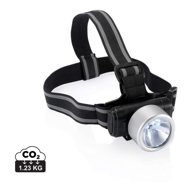 Mitarbeitergeschenk Kopflampe Everest – silber-schwarz – mit Logo bedruckt, 3 LED, Kryptonbirne, 2 Funktionen, inkl. Batterien