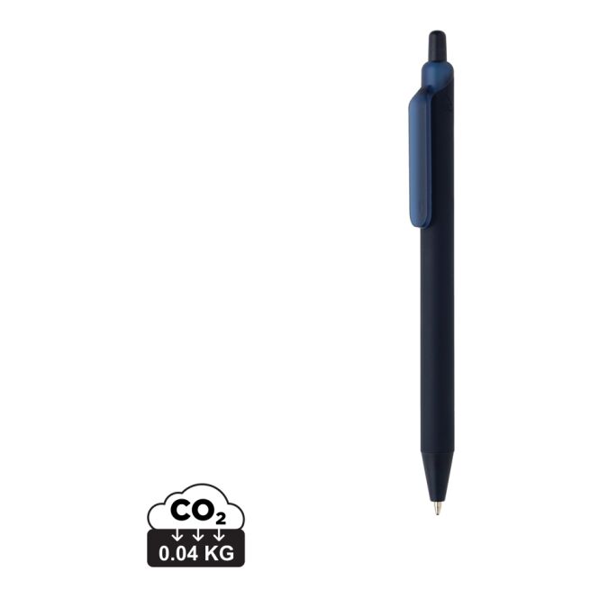 Werbeartikel Tide Smooth Touch Stift – navy – mit Logo bedruckt recycelter Druckkugelschreiber blau schreibend für den Büroalltag