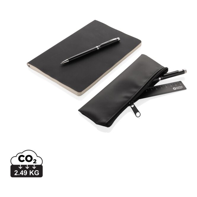 Firmengeschenk Swiss Peak OSLO RCS Schreibwaren-Set – schwarz – mit Logo bedruckt, 2-teilig mit Stiften & Lineal, blau schreibend für Büro