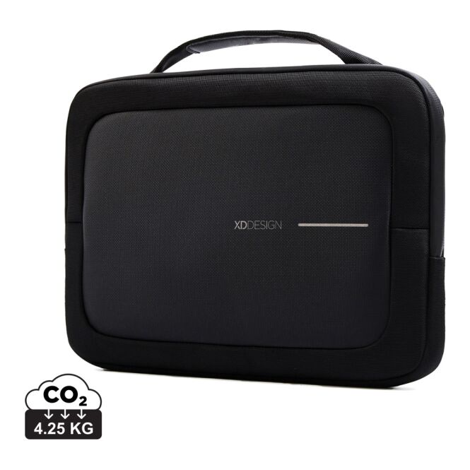 Mitarbeitergeschenk Laptoptasche XD Design 16 Zoll – schwarz-grau – mit Logo bedruckt nachhaltig für das Mitarbeiter-Onboarding