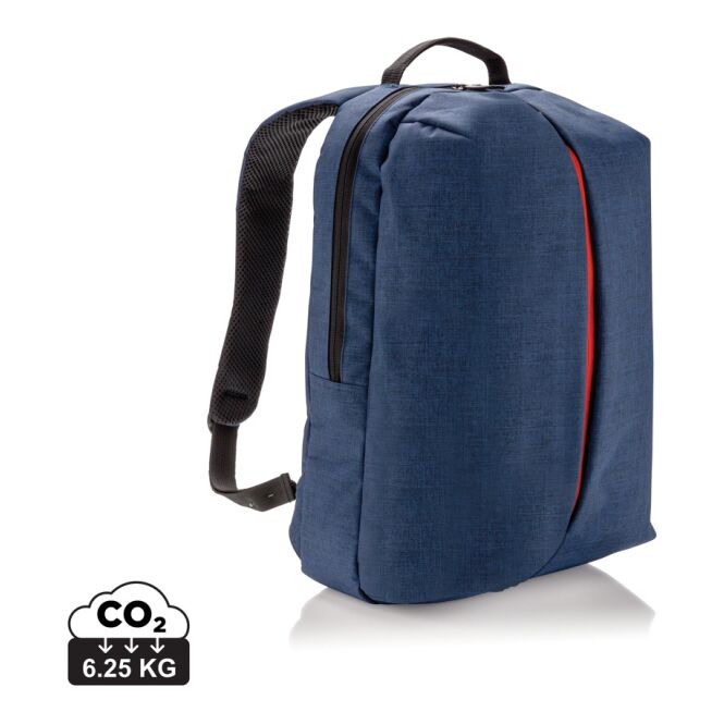 Werbeartikel Büro- und Sportrucksack 600D Polyester – blau-orange – mit Logo bedruckt für 15 Zoll Laptops für die Büroausstattung