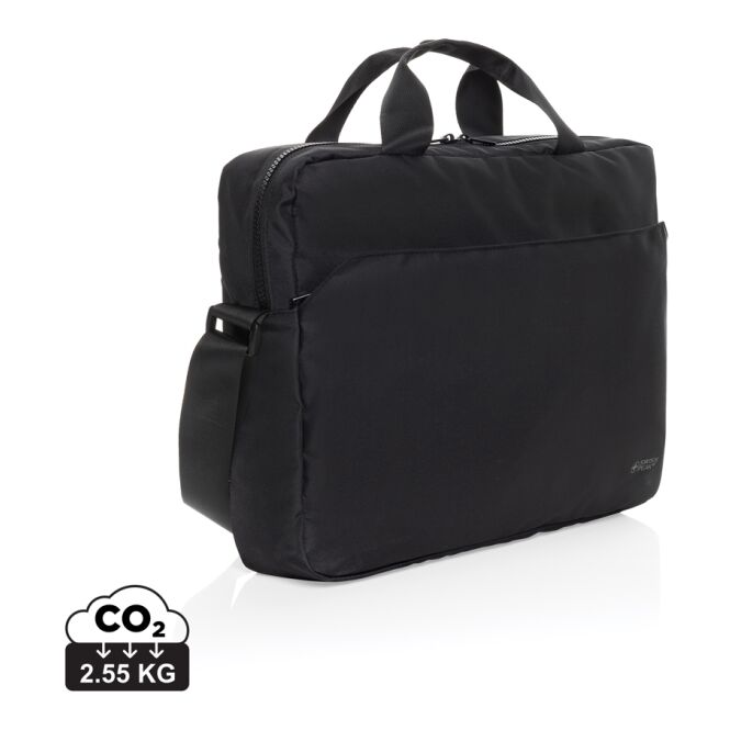 Mitarbeitergeschenk Laptoptasche Swiss Peak Aware RPET – schwarz – mit Logo bedruckt für 15,6 Zoll Notebooks nachhaltig für das Homeoffice