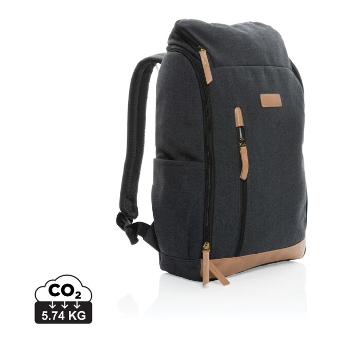 Mitarbeitergeschenk nachhaltiger Impact AWARE Laptop-Rucksack – schwarz – mit Logo bedruckt für 15 Zoll Notebooks für das Homeoffice