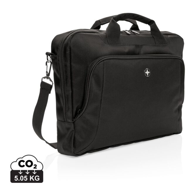 Mitarbeitergeschenk 15 Zoll Laptop-Tasche Swiss Peak Deluxe – schwarz – mit Logo bedruckt für die Büroausstattung und das Homeoffice