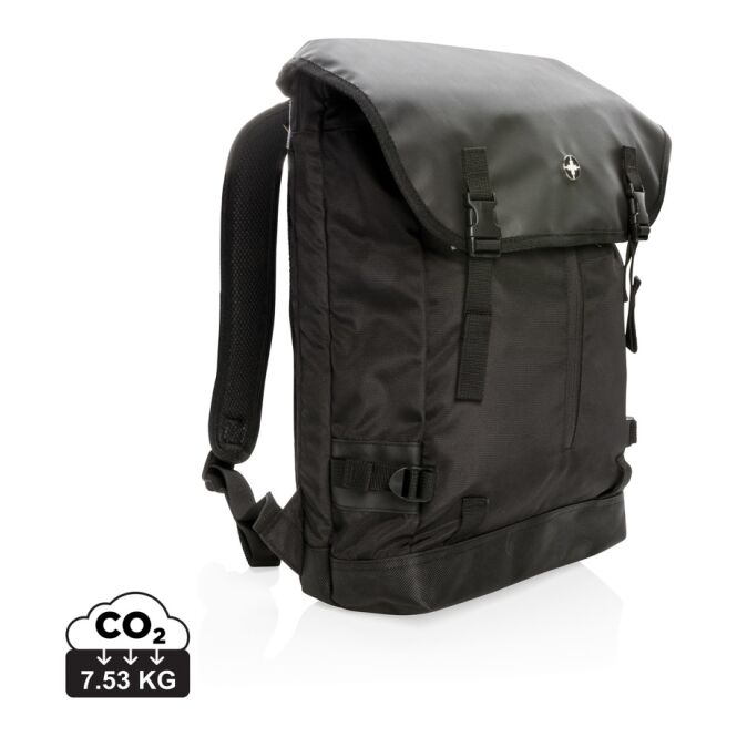 Mitarbeitergeschenk Laptop Rucksack Swiss Peak – schwarz – mit Logo bedruckt für 17 Zoll Notebooks für die Büroausstattung