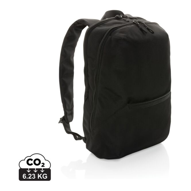 Mitarbeitergeschenk Laptop-Rucksack Impact AWARE™ 1200D – schwarz – nachhaltig mit Logo bedruckt für 15,6 Zoll Notebooks für Büroausstattung
