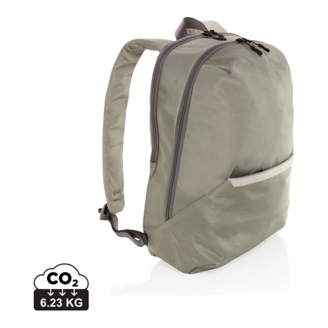 Werbeartikel Impact AWARE 1200D Laptop-Rucksack – grün-grau – mit Logo bedruckt für 15,6 Zoll Notebooks nachhaltig für das Homeoffice