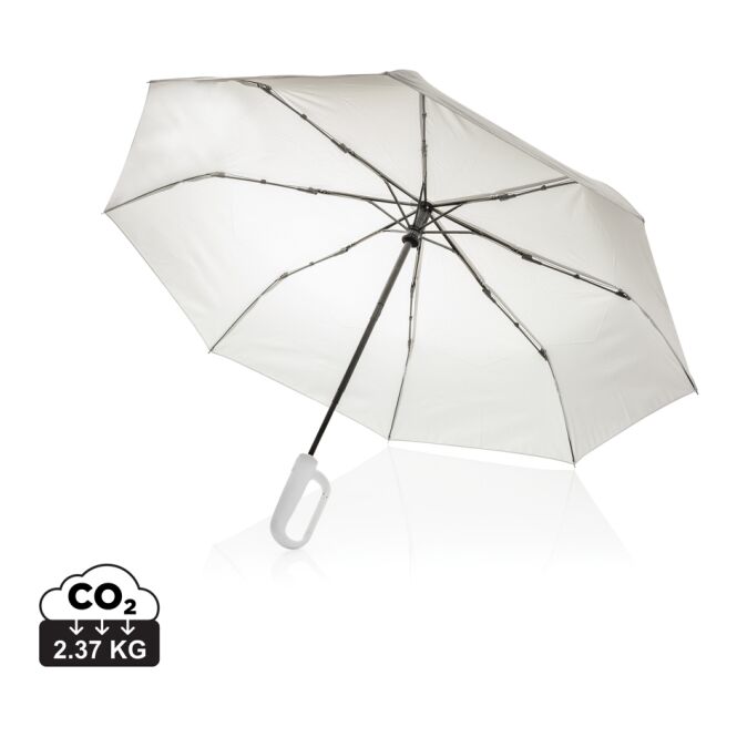 Firmengeschenk Taschenschirm Yara rPET – grau – mit individuellem Logodruck windproof 21 Zoll nachhaltig für herbstliche Promotion-Aktionen