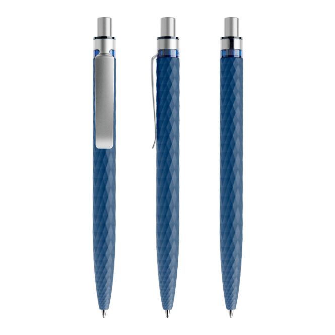 Werbeartikel Prodir QS01 Druckkugelschreiber – marineblau-silber – mit Logo bedruckt blau schreibend für den Büroalltag