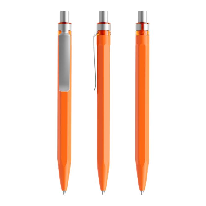 Werbeartikel Druckkugelschreiber Prodir QS50 – orange-silber – mit Logo bedruckt blau schreibend für den Büroalltag