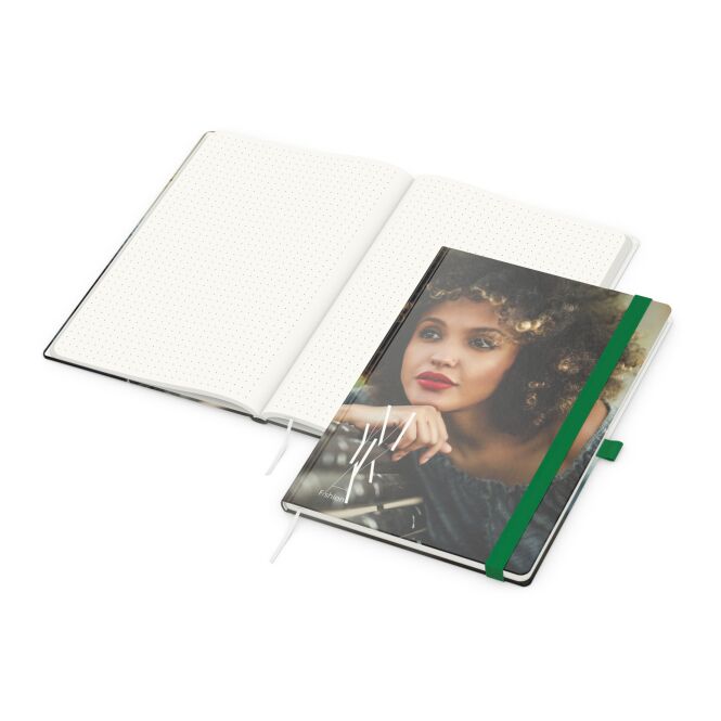 Firmengeschenk Notizbuch Match-Book – grün – mit Logo bedruckt 192 S. 100% Altpapier Blauer Engel nachhaltiges Journal für CSR