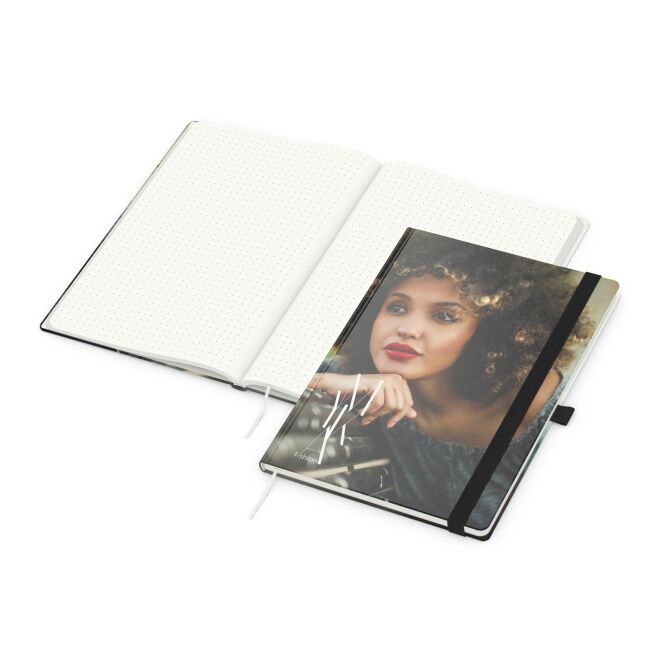 Firmengeschenk Notizbuch Match-Book – schwarz – mit Werbedruck 192 Seiten 100% Altpapier DIN A4 nachhaltiges Journal für CSR-Promotions