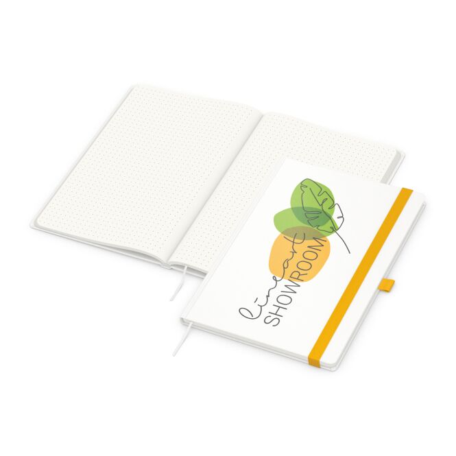 Firmengeschenk Notizbuch Match-Book – gelb – mit individuellem Werbedruck 100% Altpapier 192 Seiten DIN A4 nachhaltiges Journal